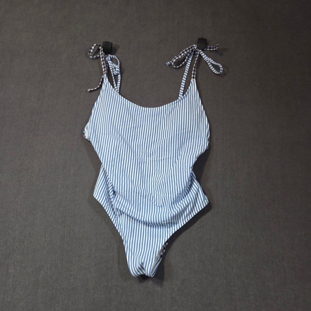 Aerie One Piece Swimsuit Womens XS Blue Stripe Gingham Tie Shoulder Cheeky